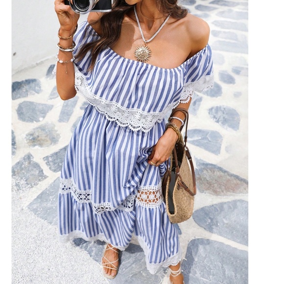 Boho Lace Off Shoulder Stretchy Waist Maxi Dress - Picture 1 of 4
